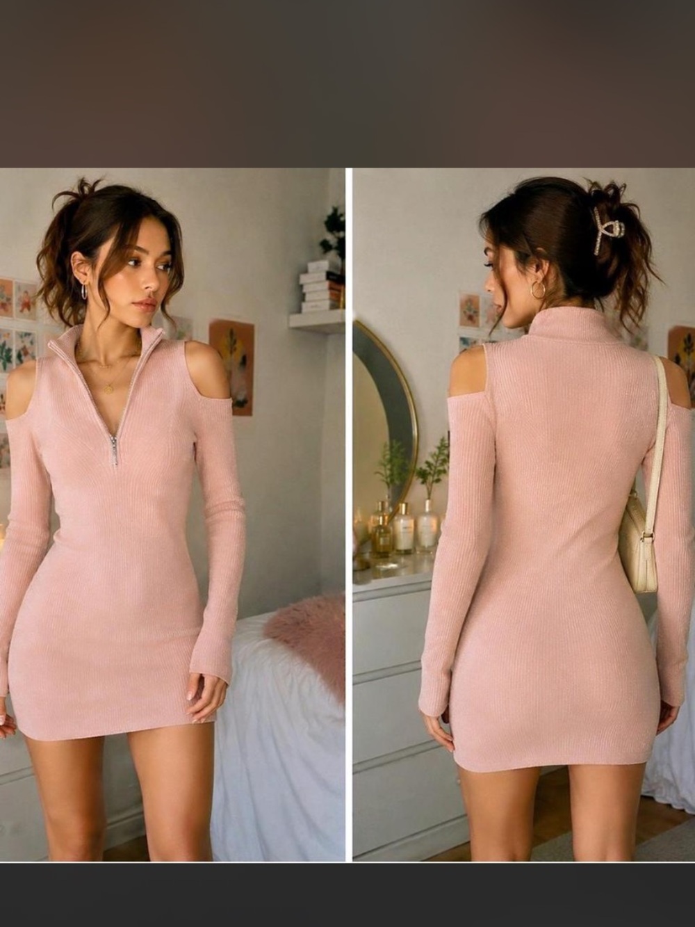 NWT Guess Blush Pink Ribbed Cold Shoulder Sweater Dress Size Large